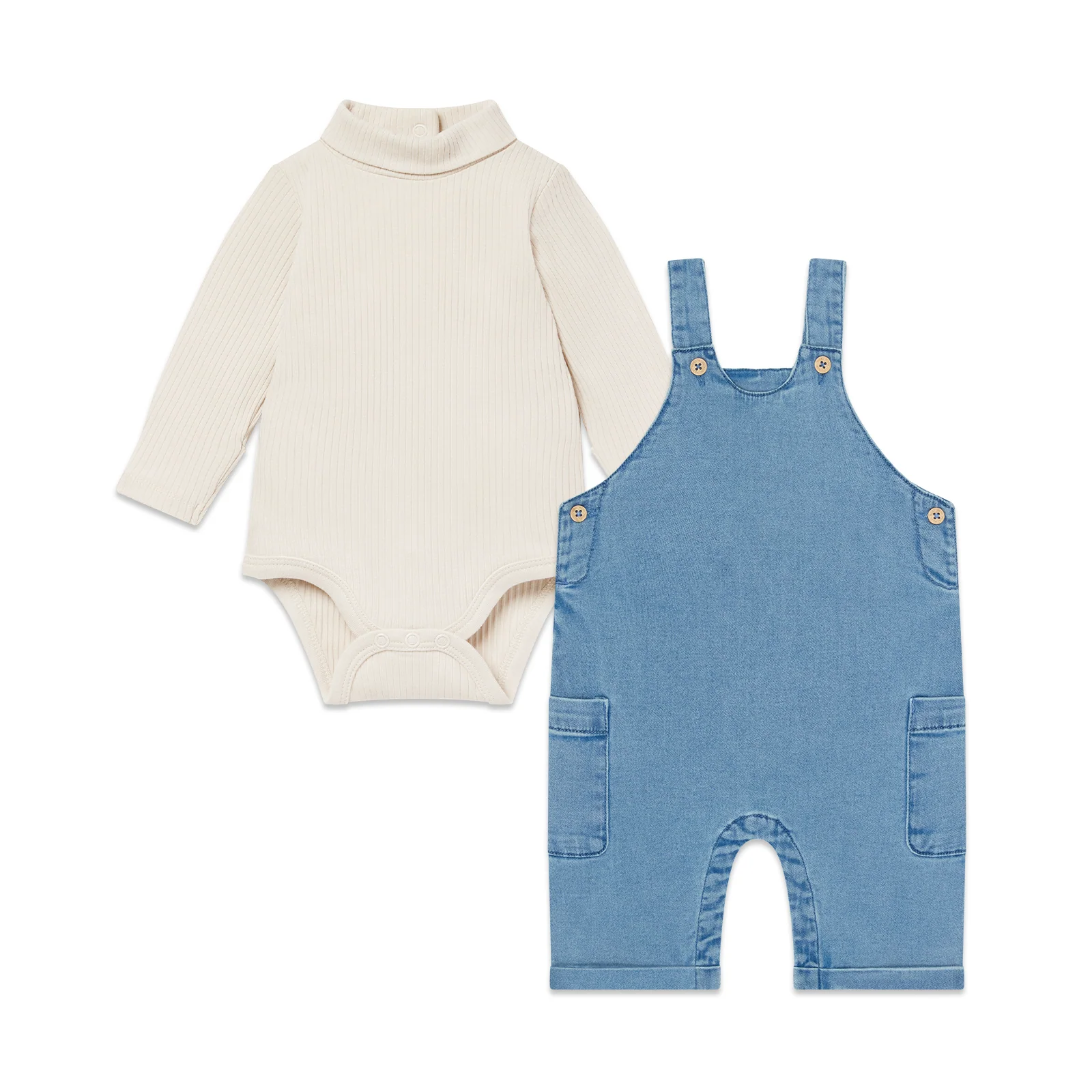 Soft Denim Dungarees & Roll Neck Ribbed Bodysuit Outfit