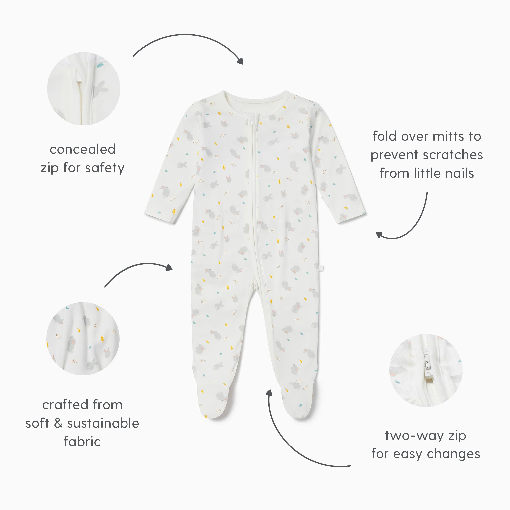 Bunny Printed Clever Zip Sleepsuit - Image 6