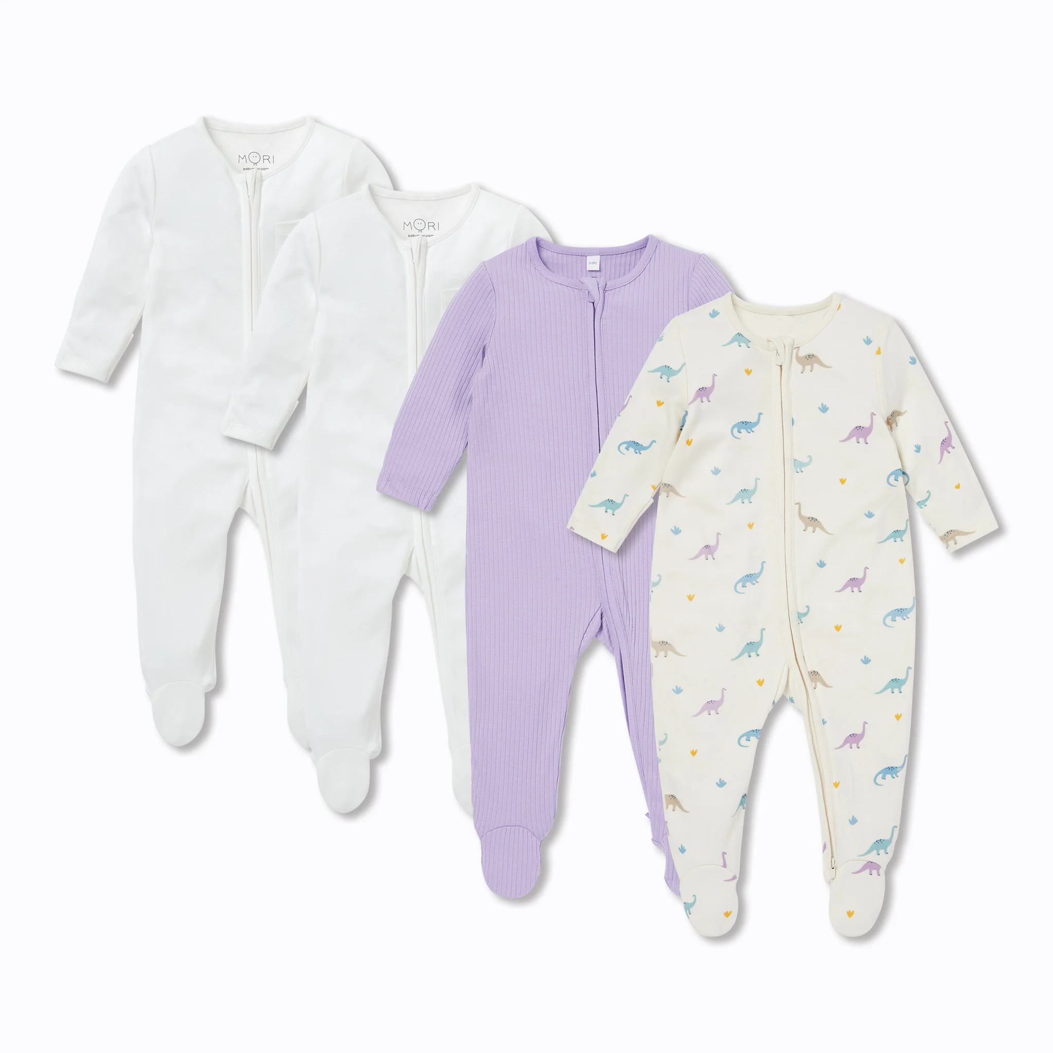Dino & Ribbed Clever Zip Sleepsuit 4 Pack