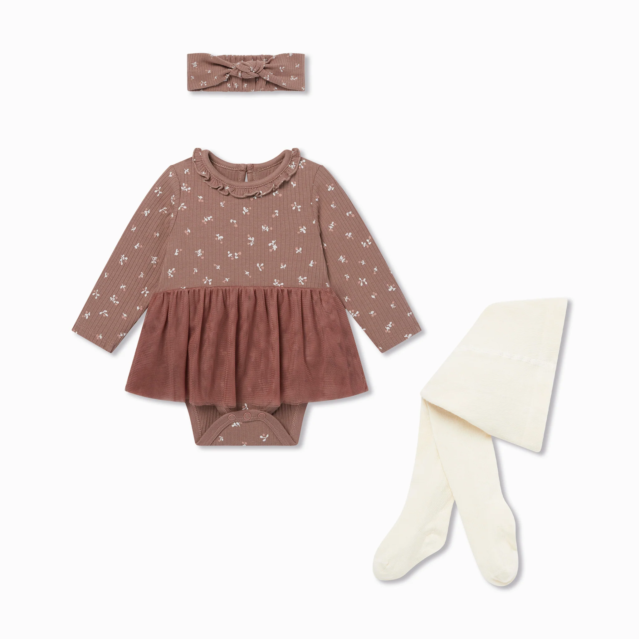 Floral Ribbed Tutu Bodysuit, Headband & Tights Outfit - Image 2