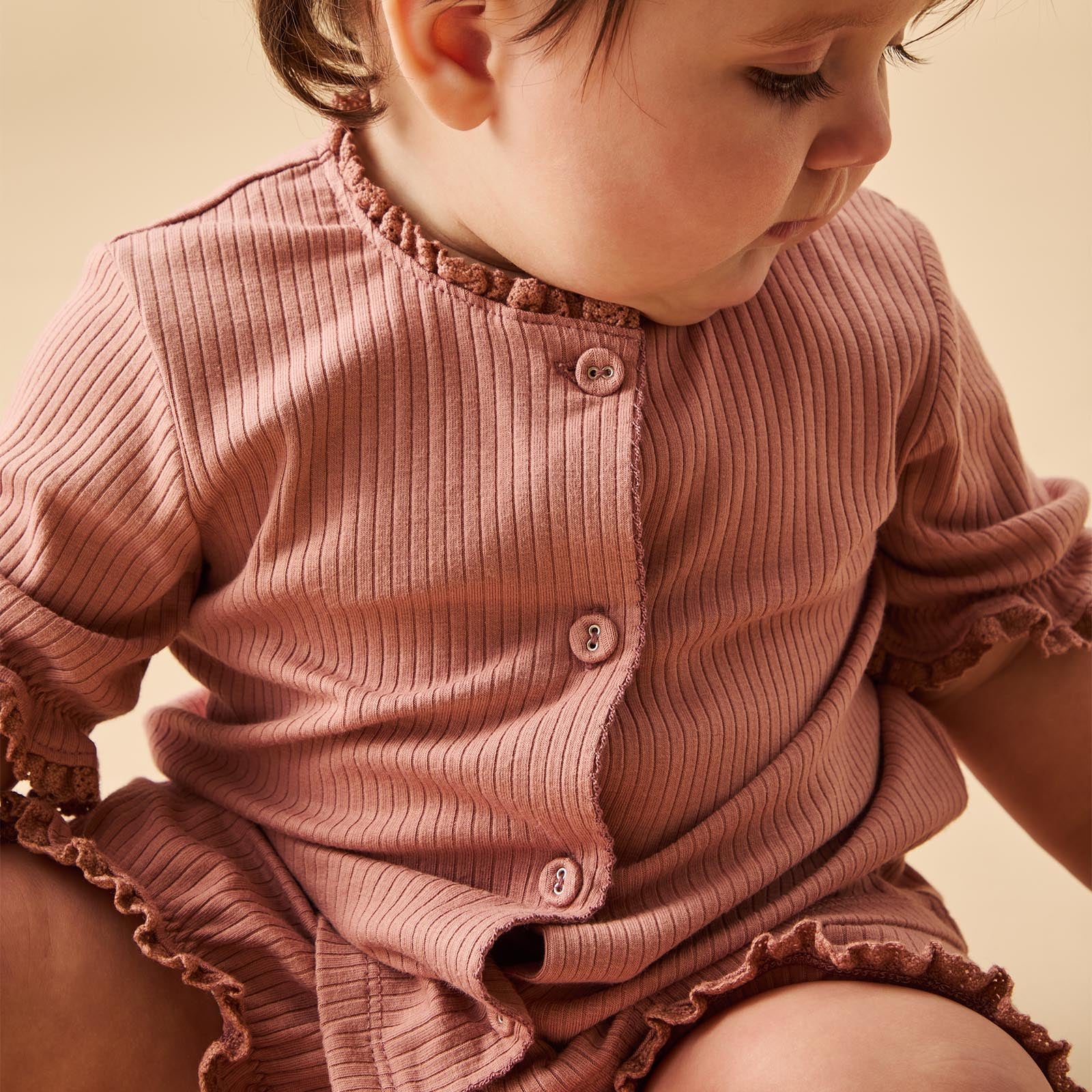 Frilled Ribbed Cardigan & Shorts Outfit - Rose - Image 4