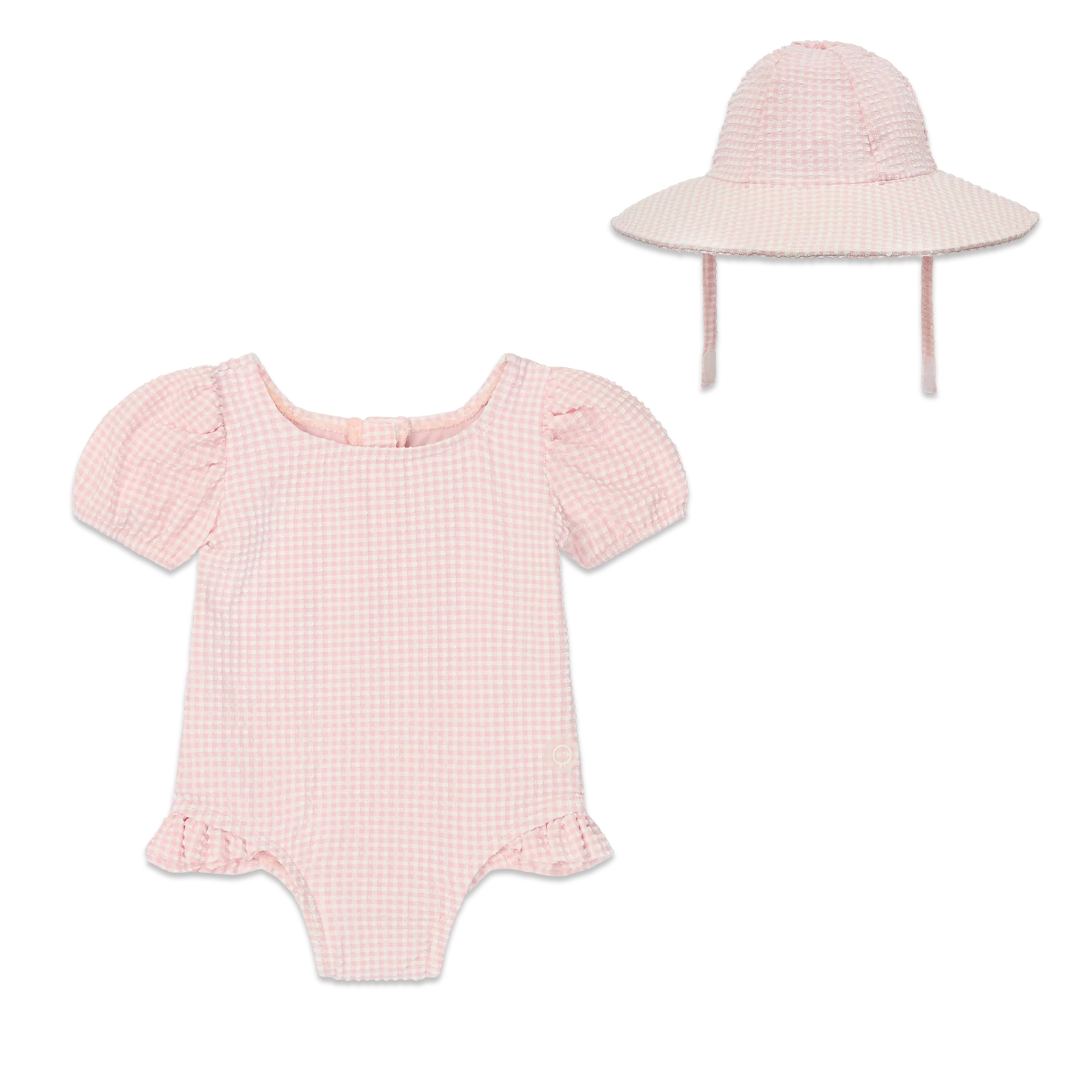 Gingham Seersucker Puff Sleeve Swimsuit & Hat