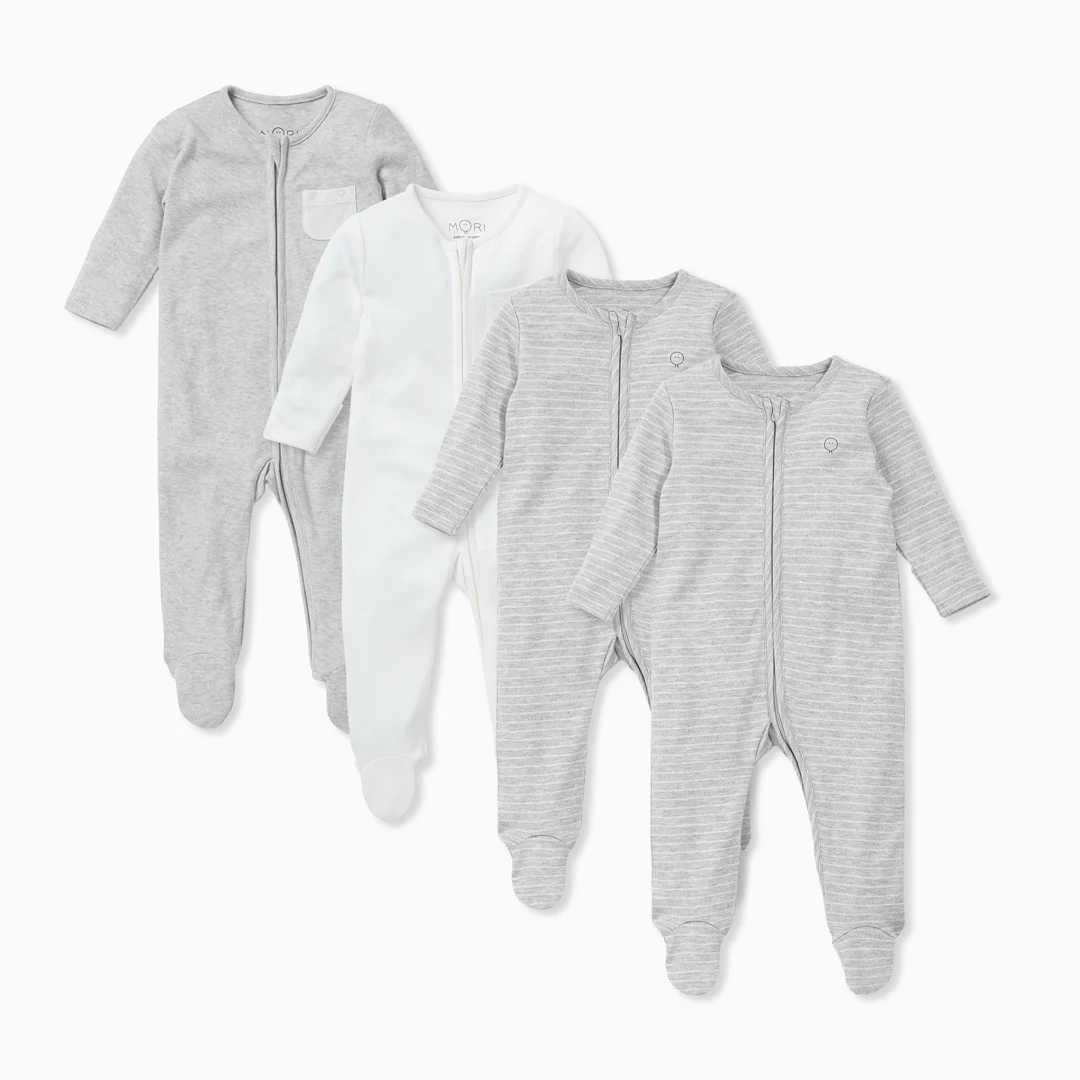 Grey & White Stripe Zip-Up Sleepsuit 4 Pack