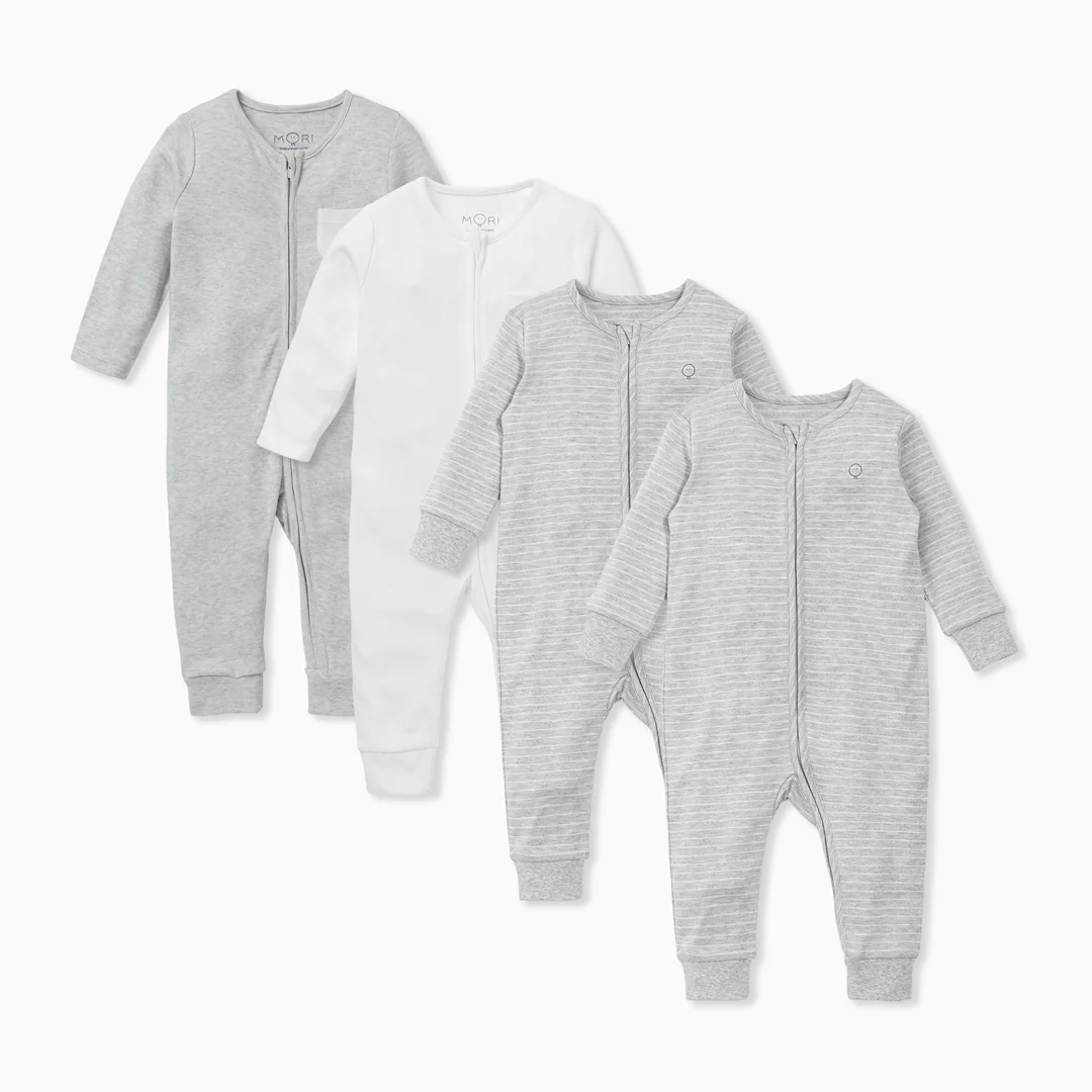 Grey & White Stripe Zip-Up Sleepsuit 4 Pack - Image 2