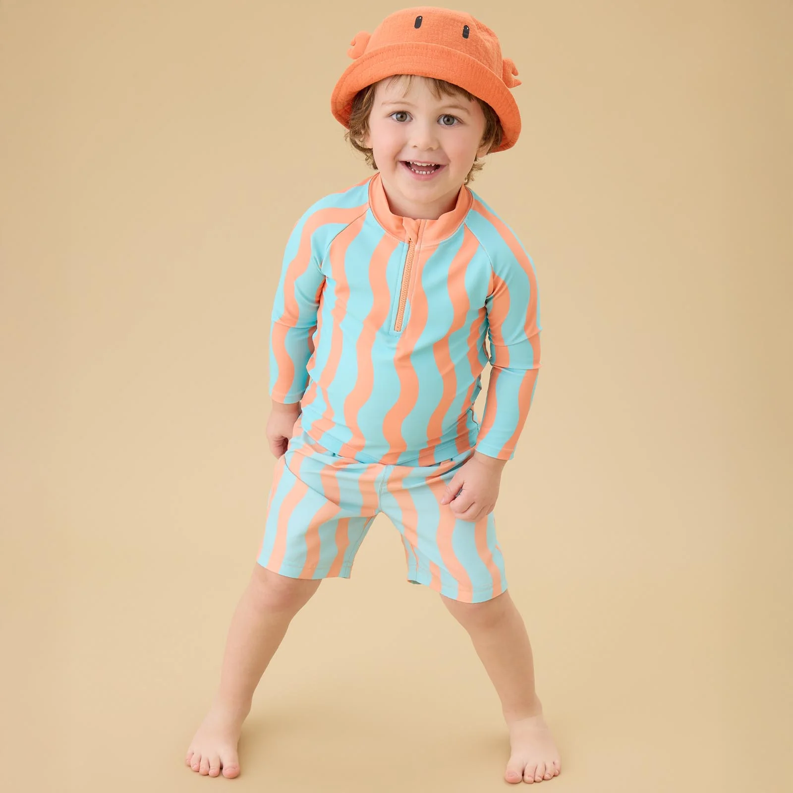 KIDLY by MORI Swim Shorts - Orange Wavy Stripe
