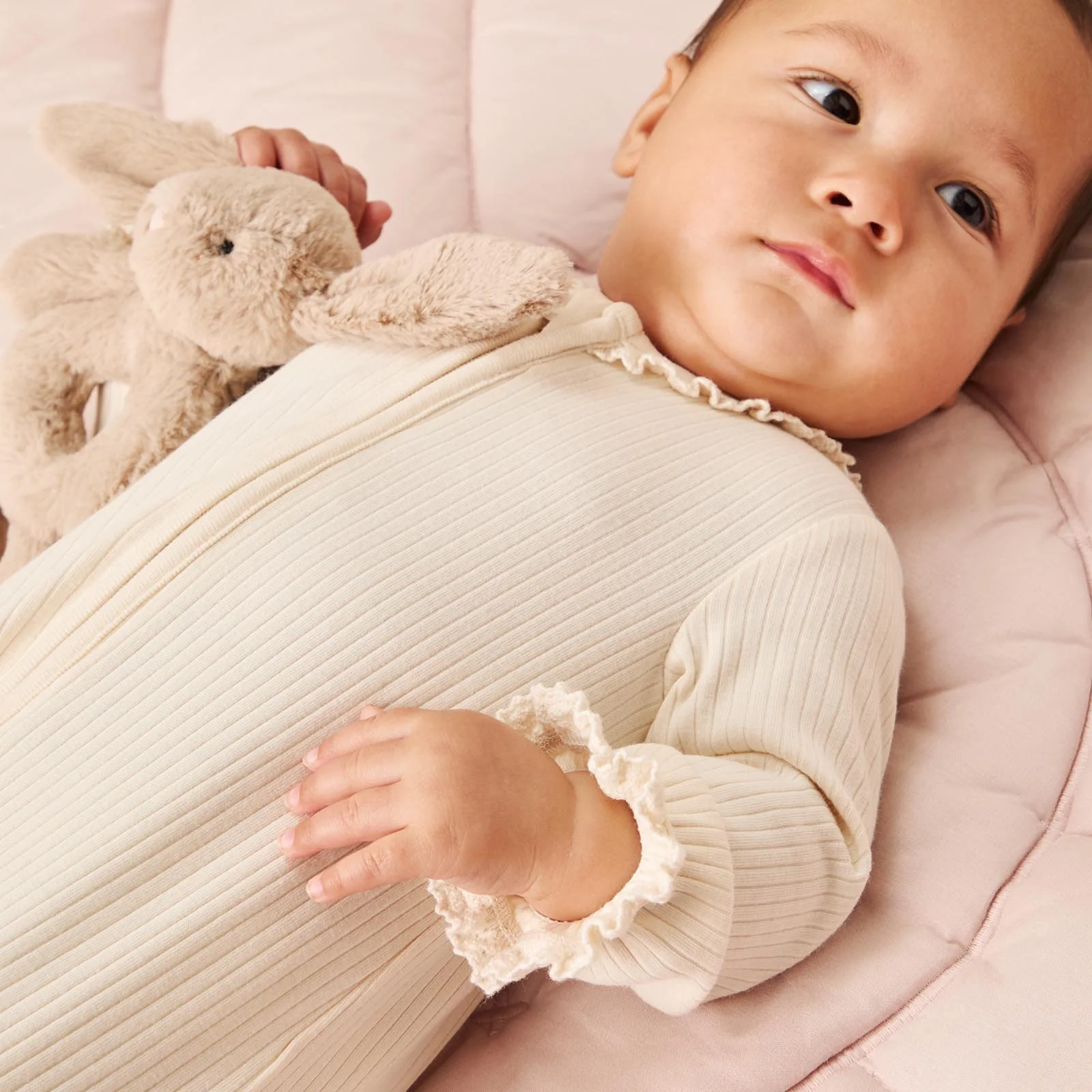 Lace Trim Ribbed Clever Zip Sleepsuit - Cream - Image 3