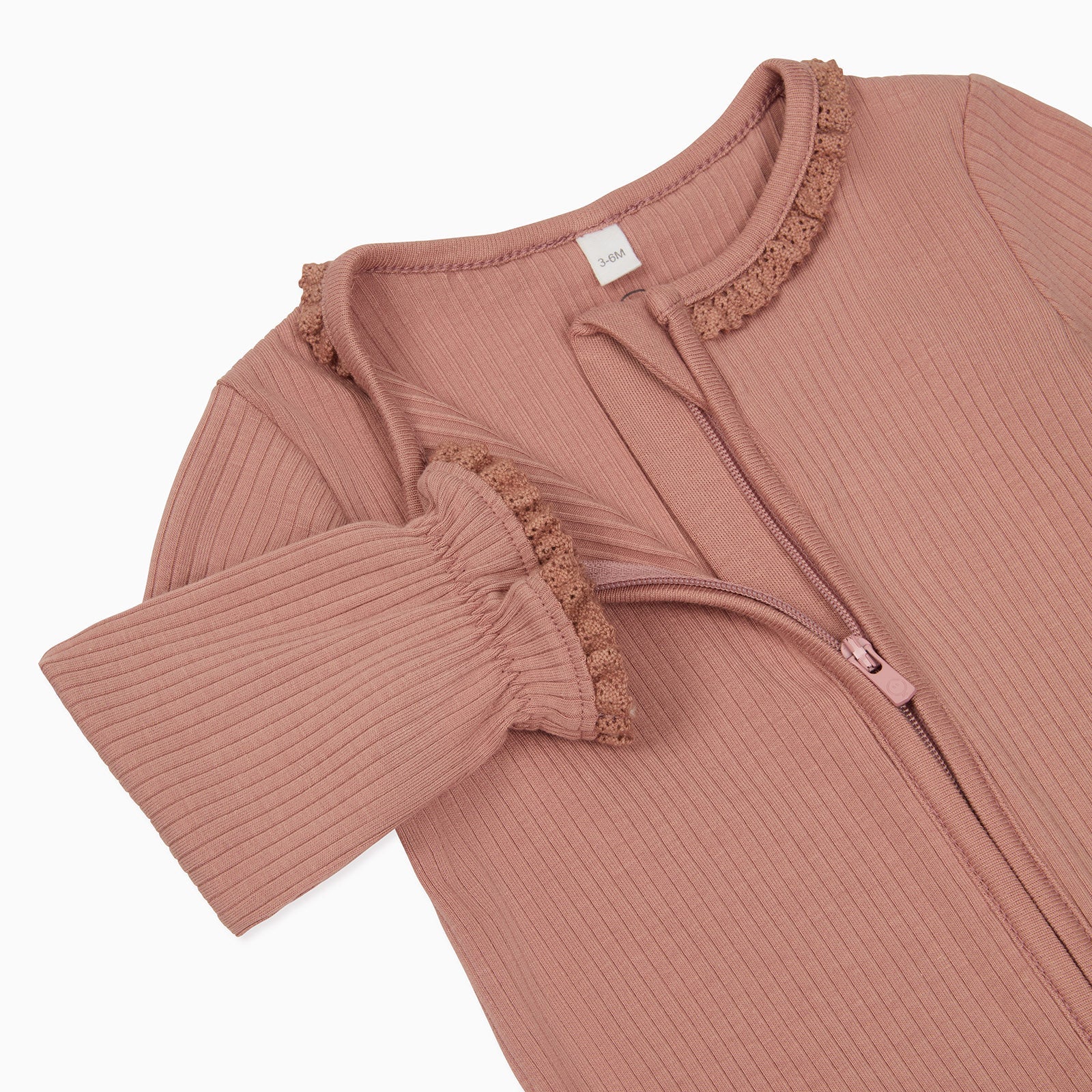 Lace Trim Ribbed Clever Zip Sleepsuit - Rose - Image 3