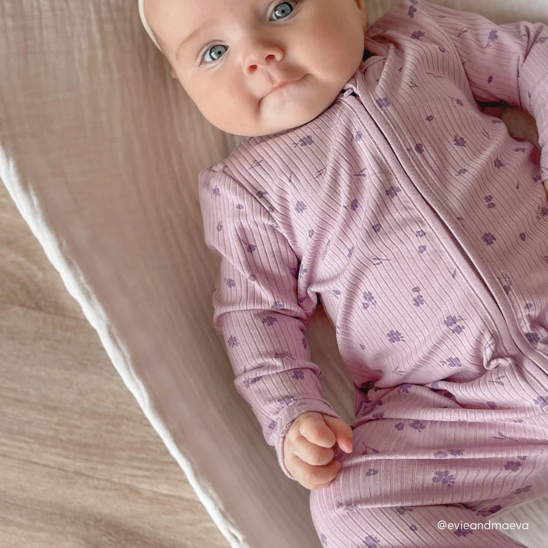 Lilac Floral Ribbed Clever Zip Sleepsuit 2 Pack - Image 4