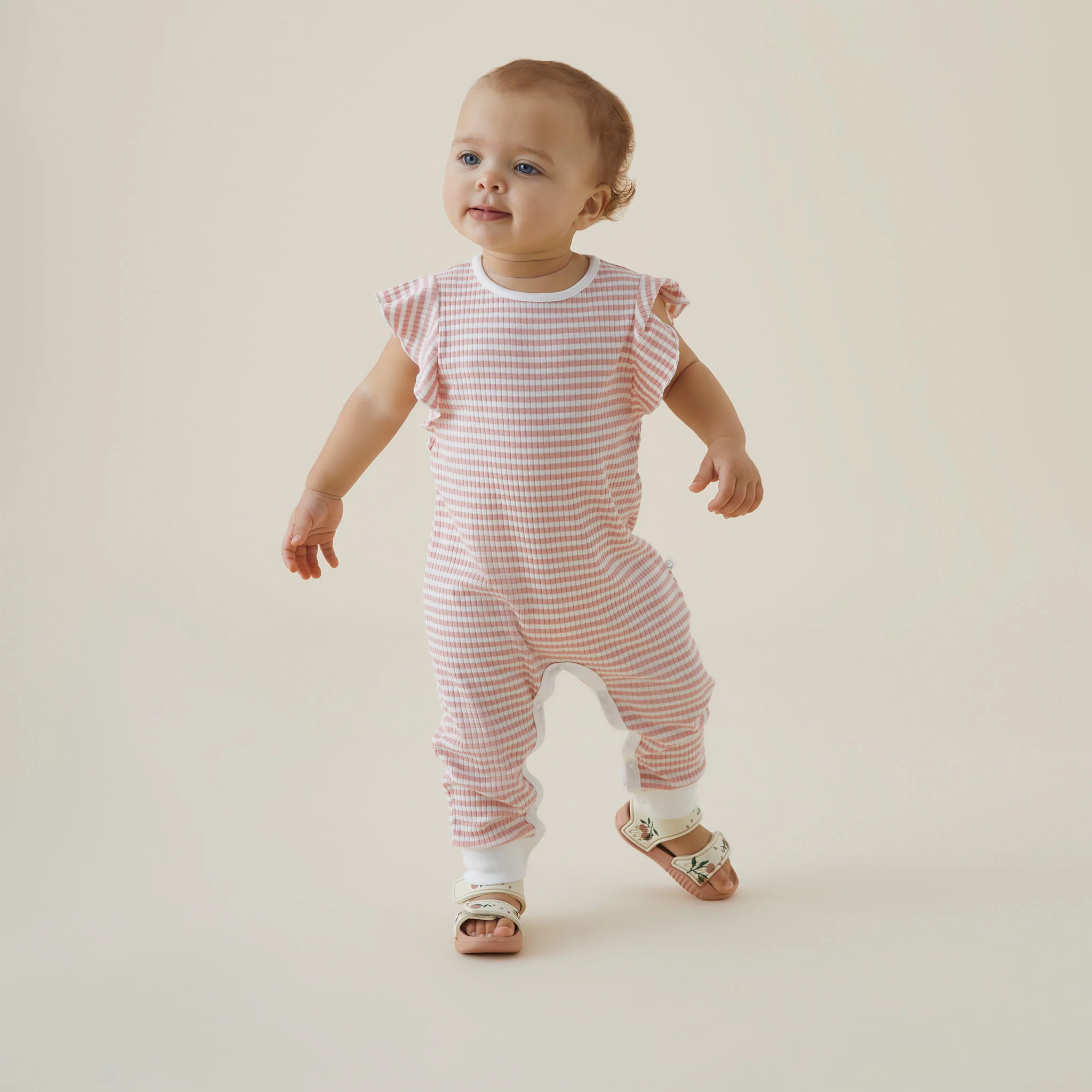 Pink Stripe Ribbed Frill Jumpsuit