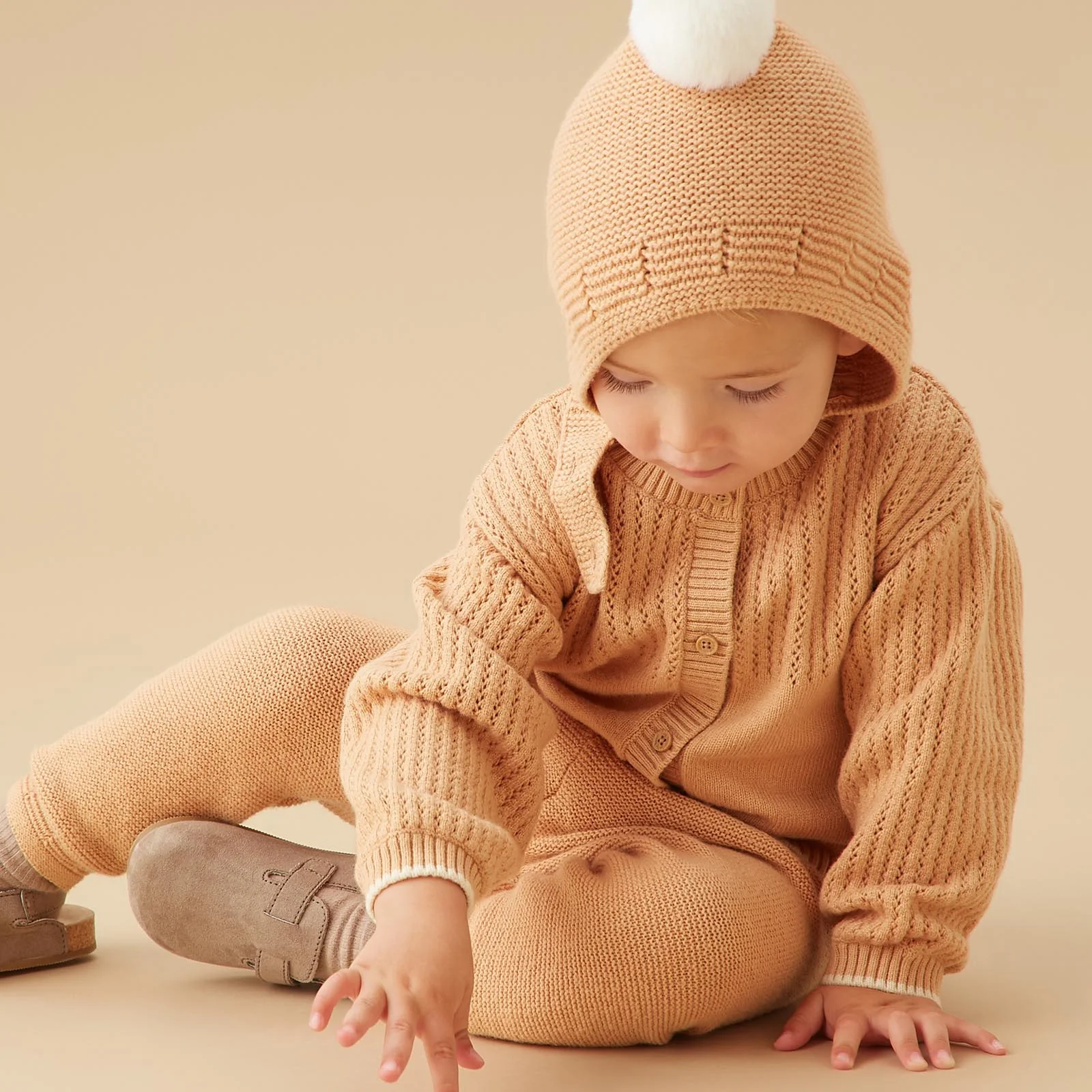 Pointelle Tan Knitted Cardigan