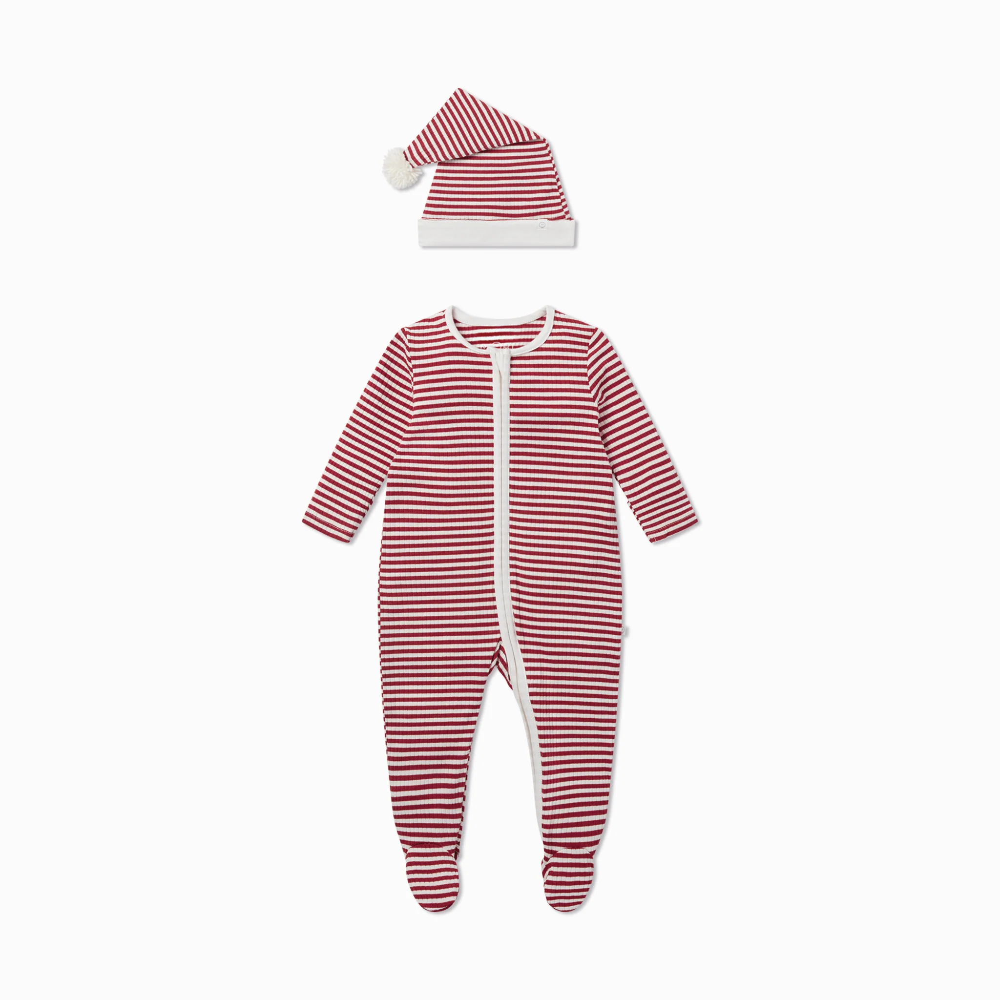 Ruby Stripe Ribbed Clever Zip Sleepsuit & Elf Hat - Image 2