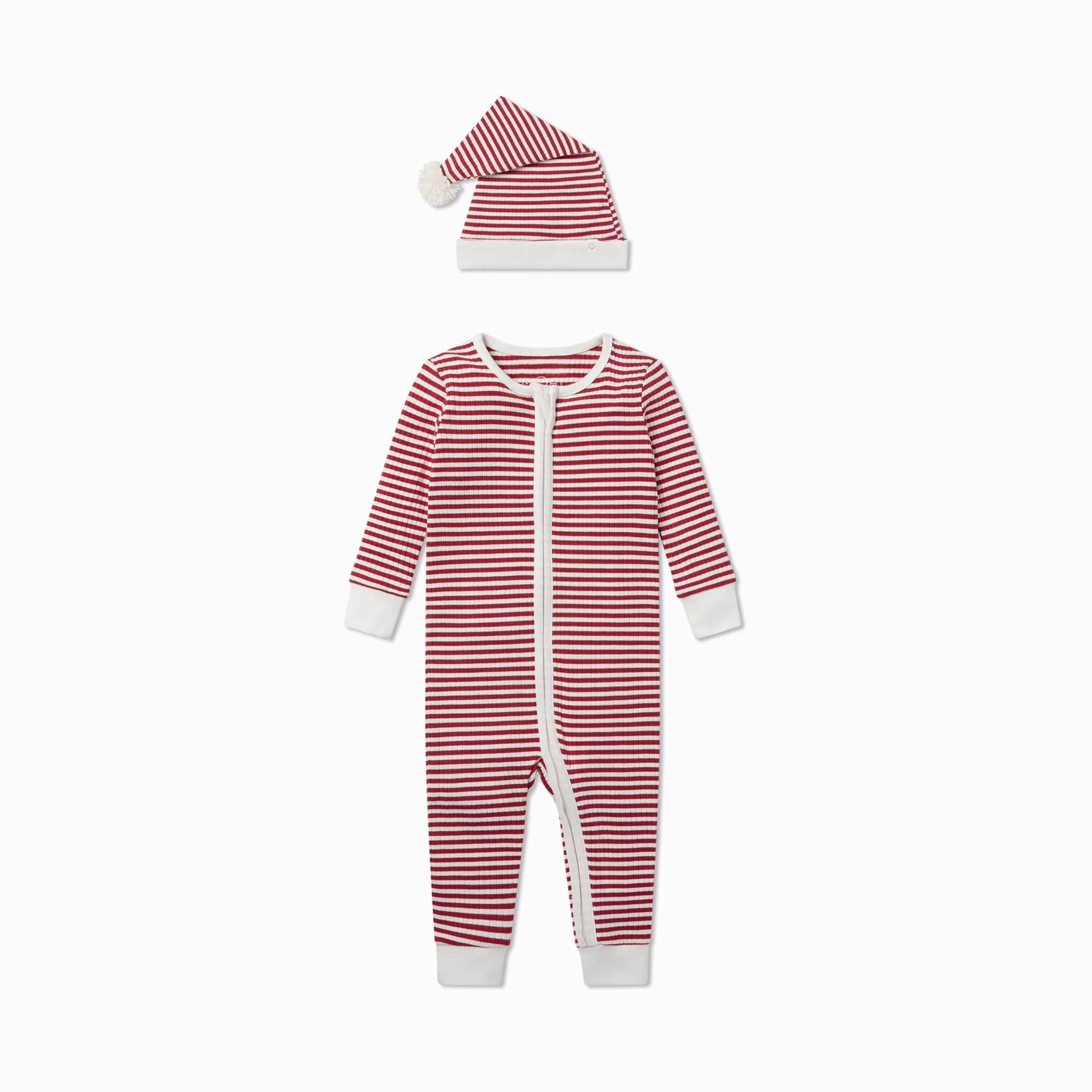 Ruby Stripe Ribbed Clever Zip Sleepsuit & Elf Hat - Image 4