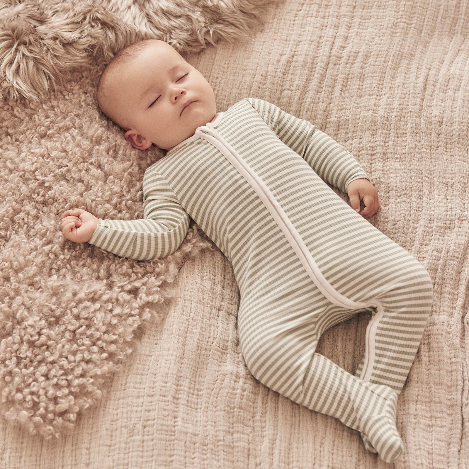 Sage Stripe Ribbed Clever Zip Sleepsuit - Image 11
