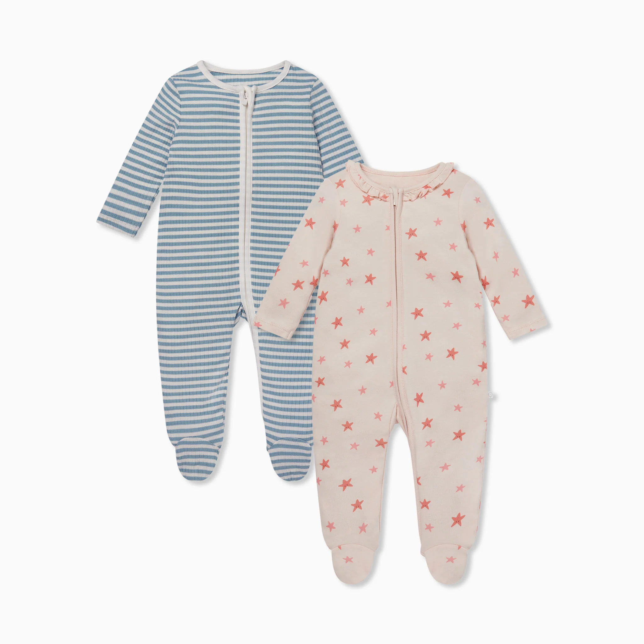 Stripe Ribbed & Starfish Zip-Up Sleepsuit 2 Pack