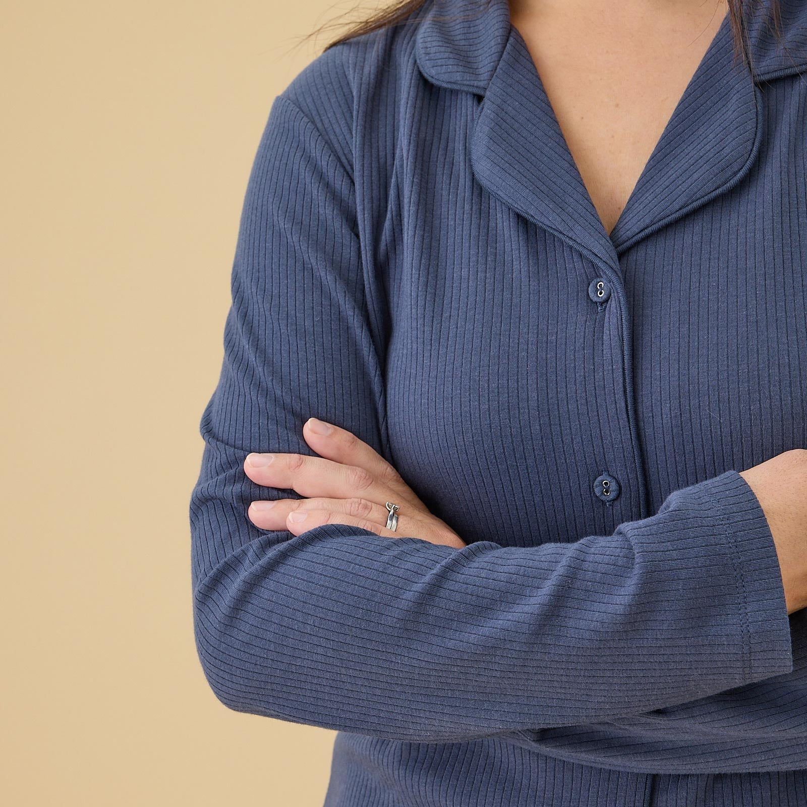 Women's Ribbed Collared Pyjamas - Navy - Image 4
