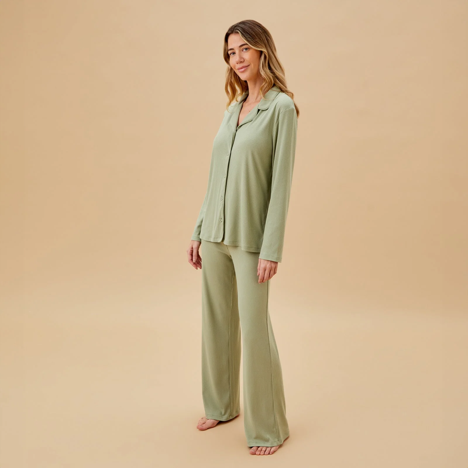 Women's Ribbed Collared Pyjamas - Sage