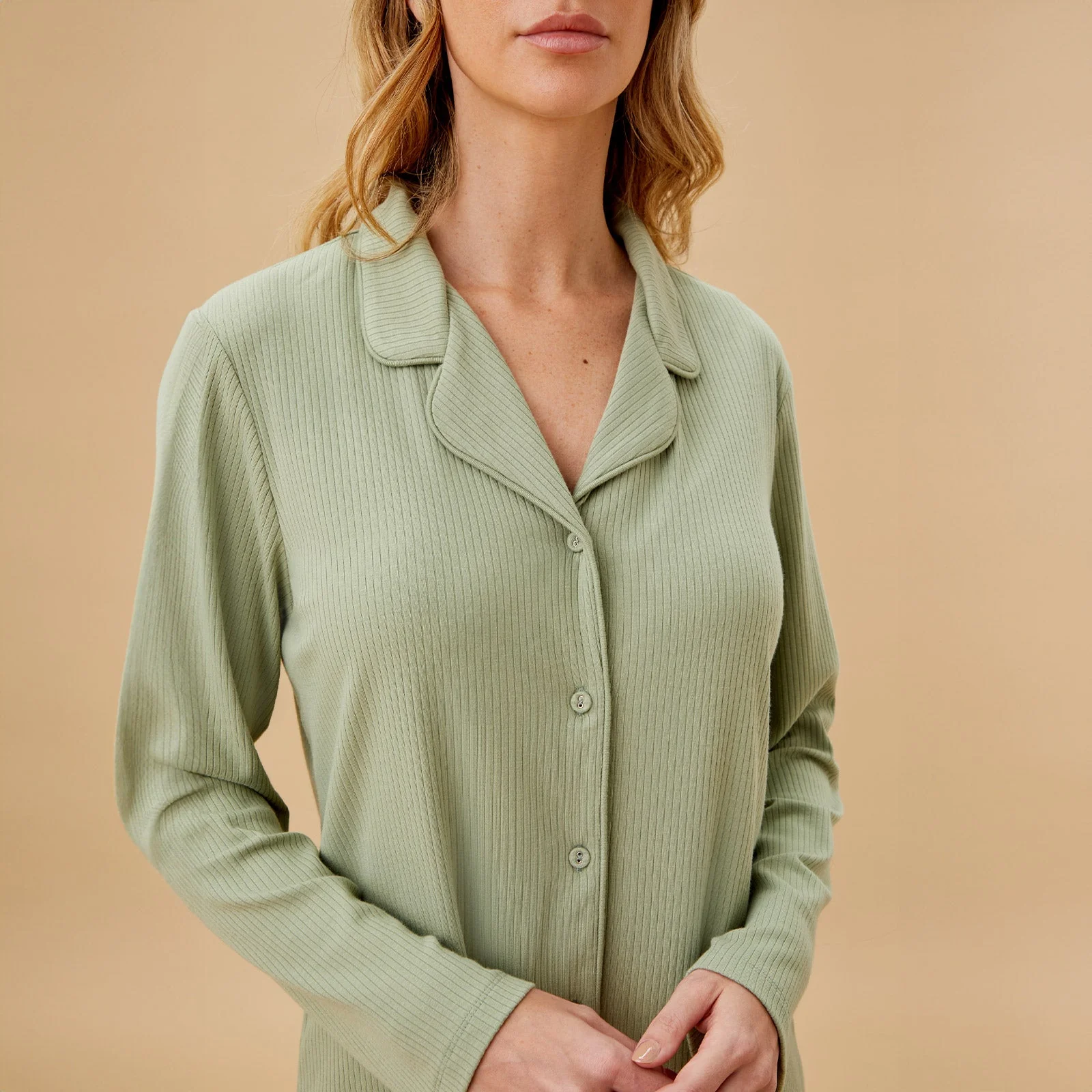 Women's Ribbed Collared Pyjamas - Sage - Image 5