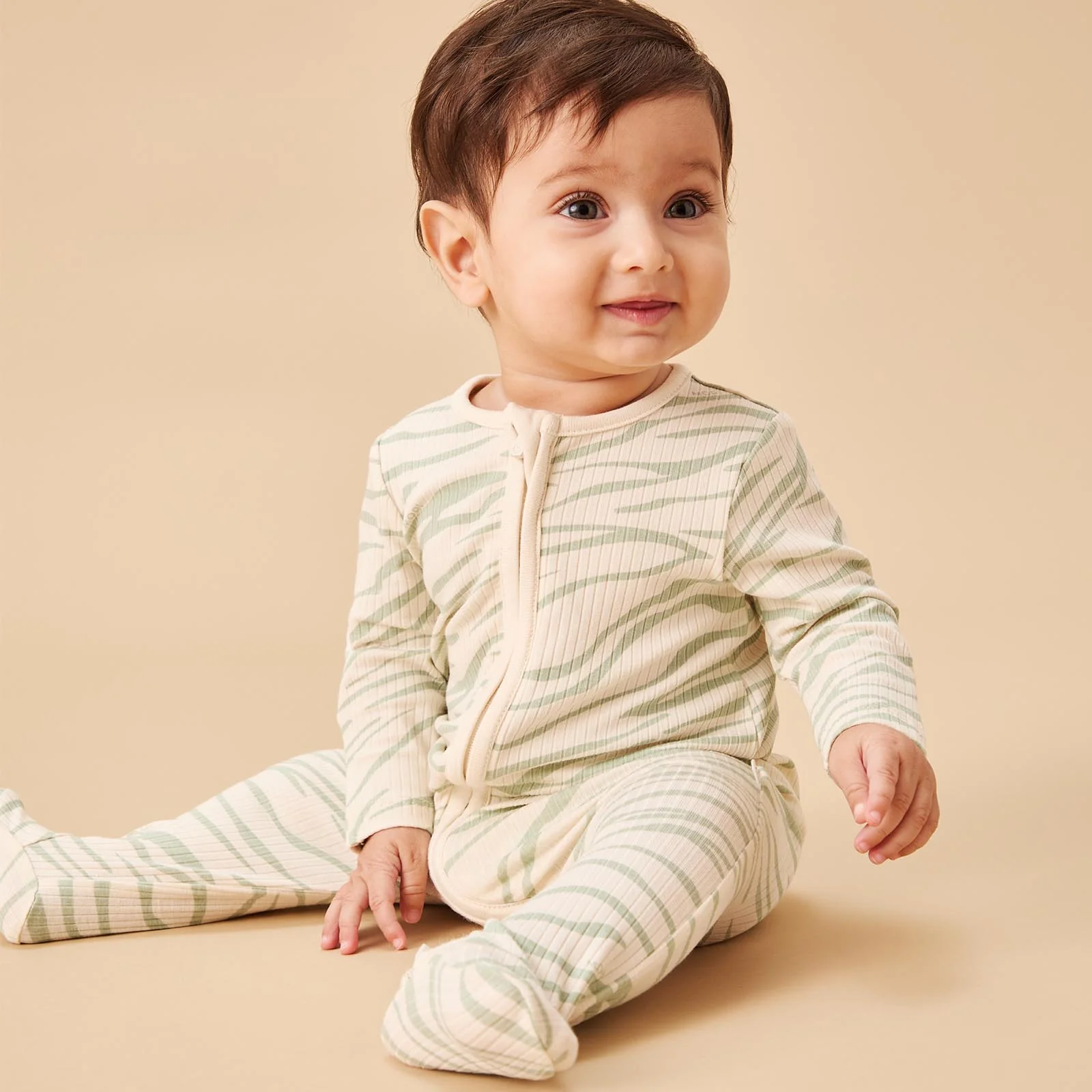Zebra Stripe & Sage Ribbed Clever Zip Sleepsuit 2 Pack - Image 2
